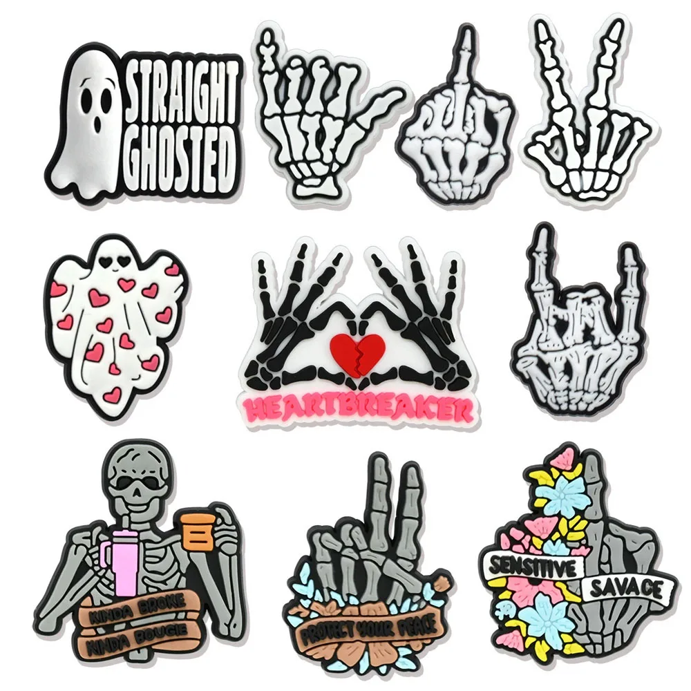 10-100PCS Gothic Halloween Skeleton gesture Ghost Shoe Charm Wholesale PVC Decor Buckle Sandal Detachable Waterproof To Gift