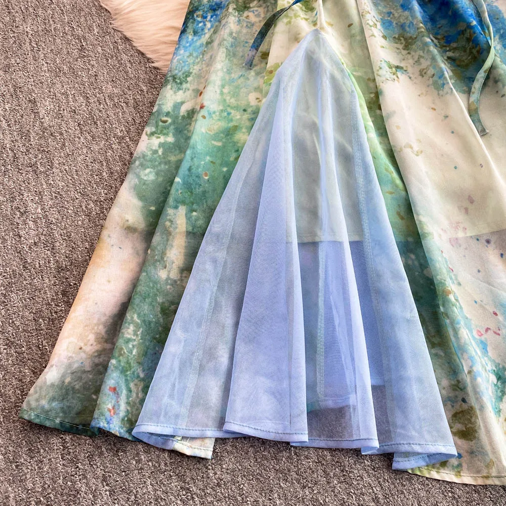 Verão elegante tie dye midi vestido para mulheres fita tule costura em camadas queimado feminino vestidos de baile novo em 2025 rendas até chique