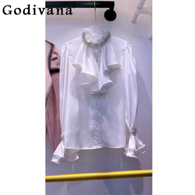 Lolita Elegant Frans Hof Zoete Ruches Temperament Shirt Meisje Lente Herfst Losse Opstaande Kraag Lange Mouw Veelzijdige Top