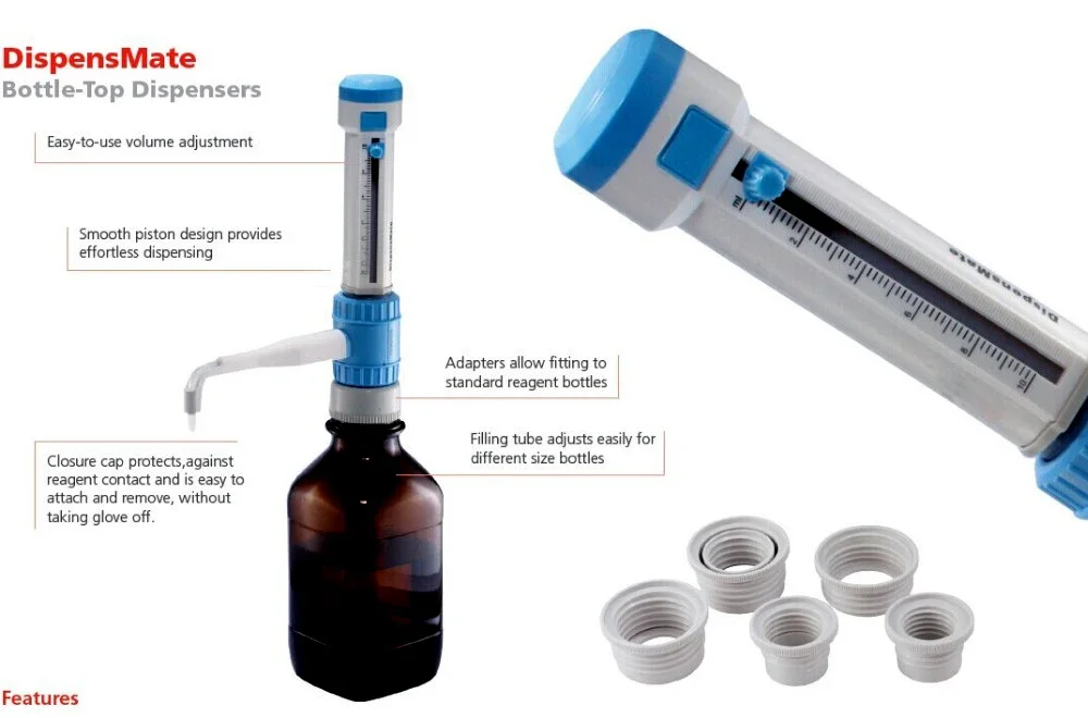 Лабораторный 0,5-5 мл 1,0-10 мл 2,5-25 мл 5,0-50 мл Диспенсер для пипеток с верхней частью бутылки для жидкости