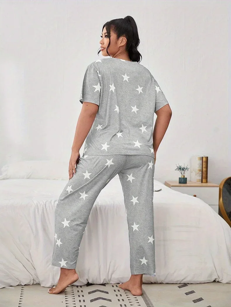 Two pieces -autumn and winter new leisure home clothes short -sleeved pants star full printed pajamas lady