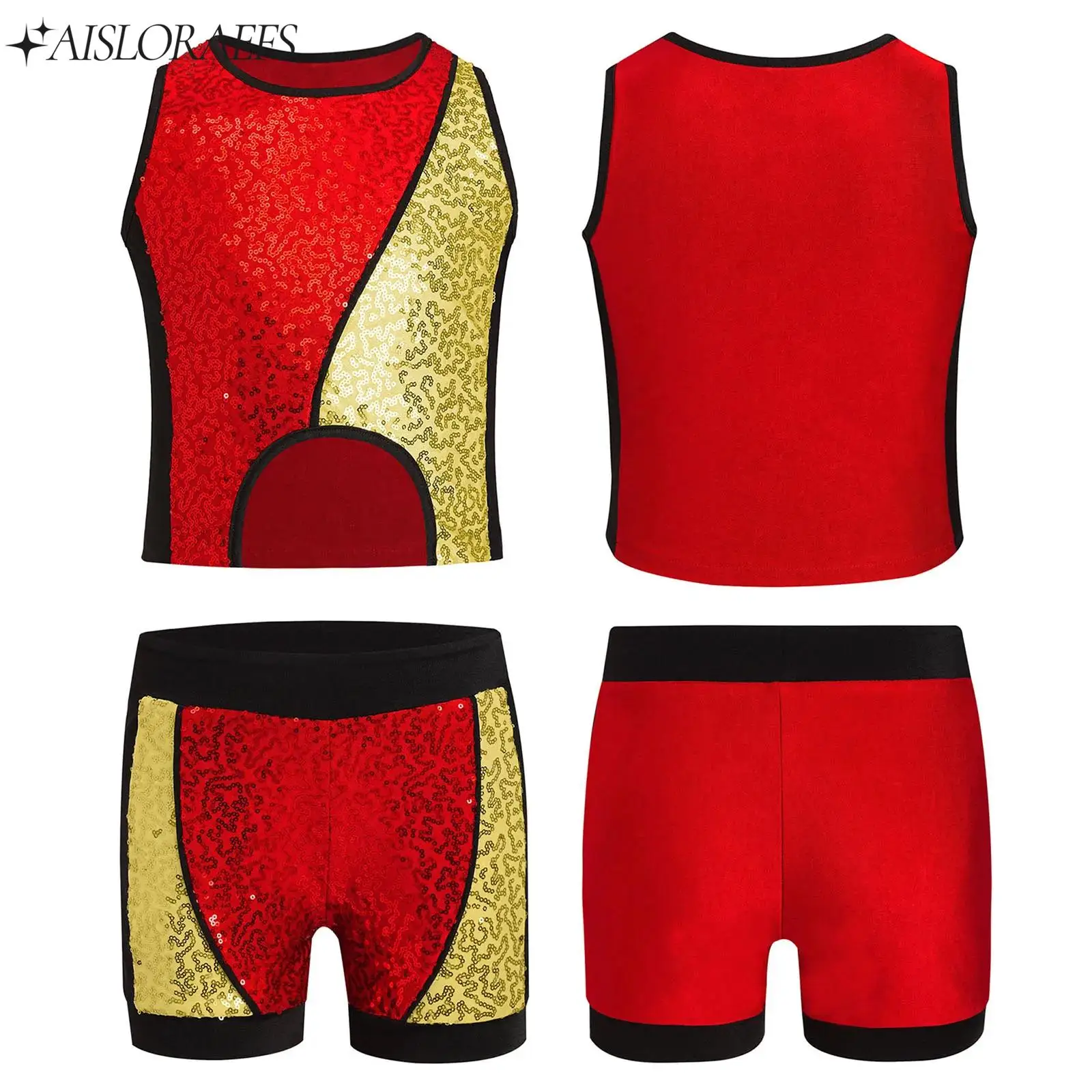 

Kids Girls Hip Hop Jazz Street Dance Outfits Shiny Sequins Asymmetrical Hem Vest with Shorts Set Dance Party Performance Costume
