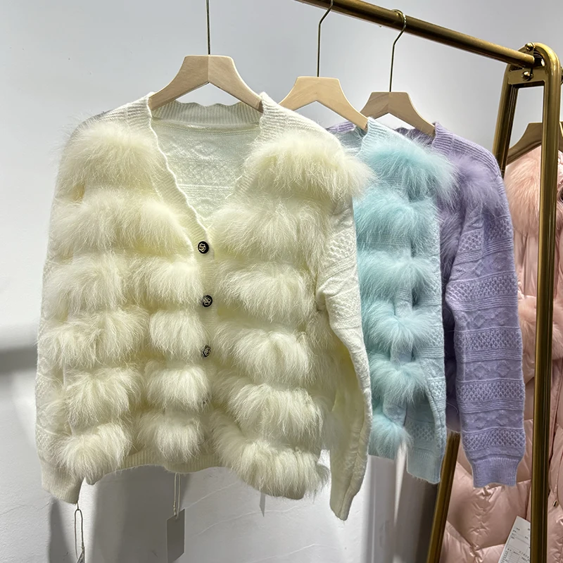 2025 가을 여성 블루 리얼 폭스 퍼 스웨터 화이트 리얼 퍼 신상 디자인 니트 자켓
