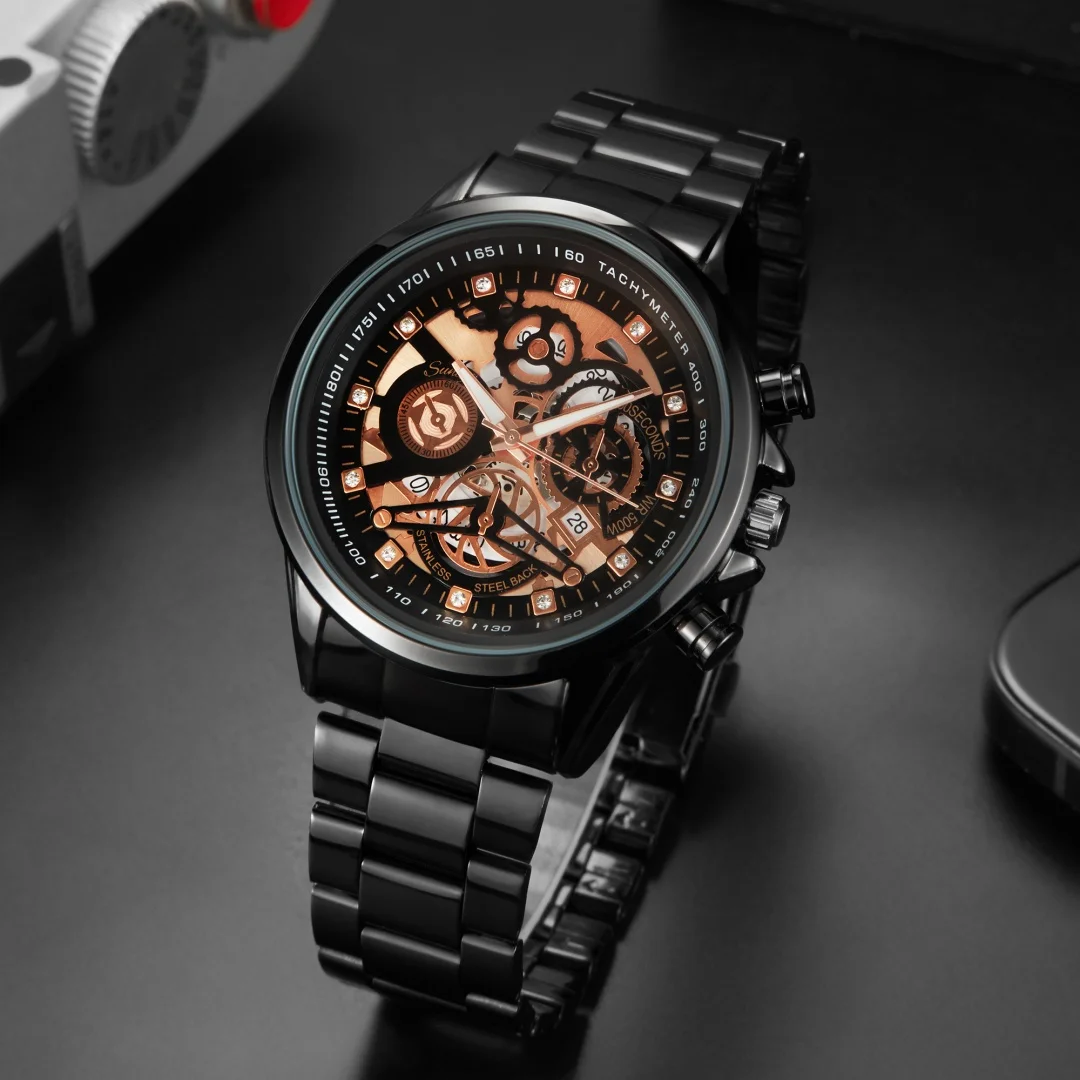 ساعات كوارتز رجالية فاخرة الفولاذ المقاوم للصدأ تاريخ رجال الأعمال ساعة اليد الجوف الرياضة رجل ساعة الذكور ساعة Relogio Masculino