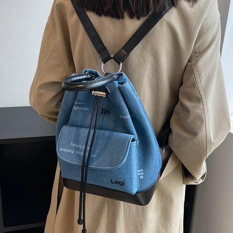 Denims Female Backpacks Fashion School Backpack for Teenage Girls Luxury Drawstring Women Daypack bagpack women hand bag blue