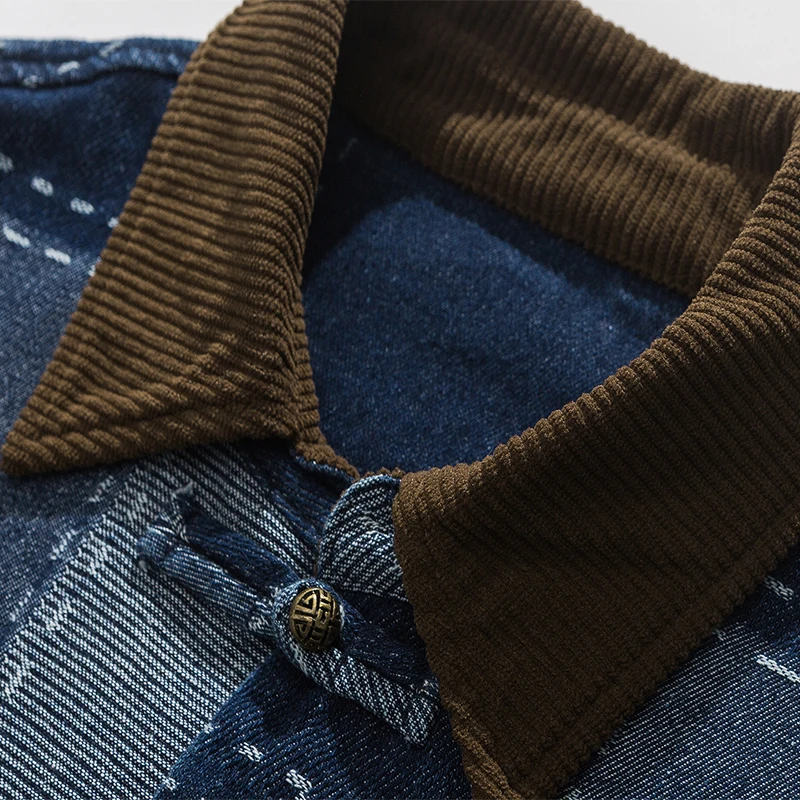 

2026 Spring Chinese Style Men Denim Shirt Men Clothing High Quality Vintage Casual Patchwork Shirt Male Harajuku Trend Blue Tops