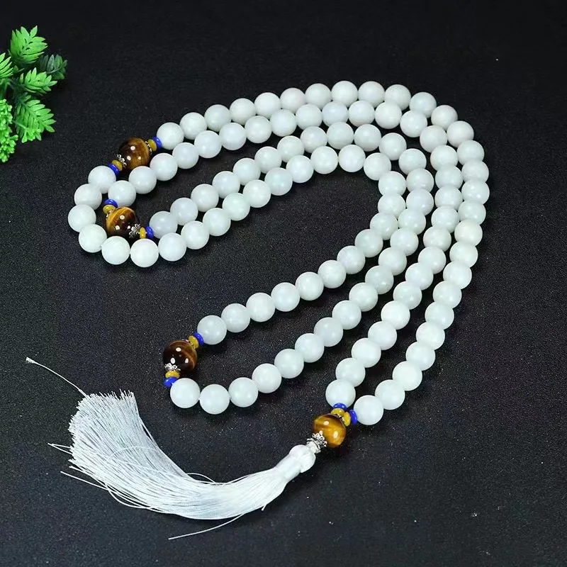 

Natural 100% real white hetian jade round beads and Tiger's eye necklace 108 Buddha beads jewellery for woman gifts Bless peace