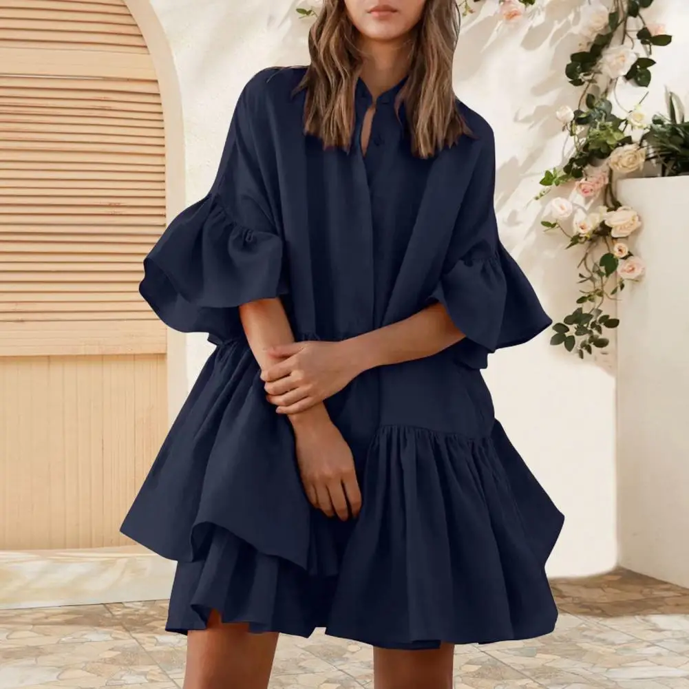 2025 verão nova cor pura vestido de verão sexy gravata frente cintura elástica em camadas plissado camada balão floral manga longa vestido solto