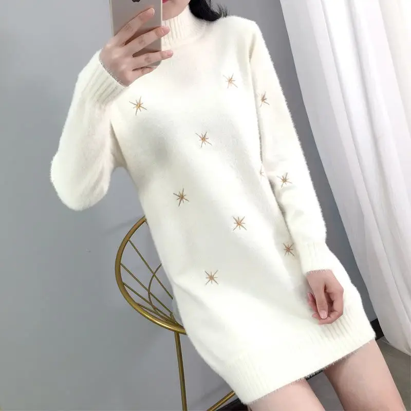 Elegant Stand Collar Solid Color Embroidery Mini Dress Women\'s Clothing 2023 Winter Loose Knitted All-match Ladies Dresses