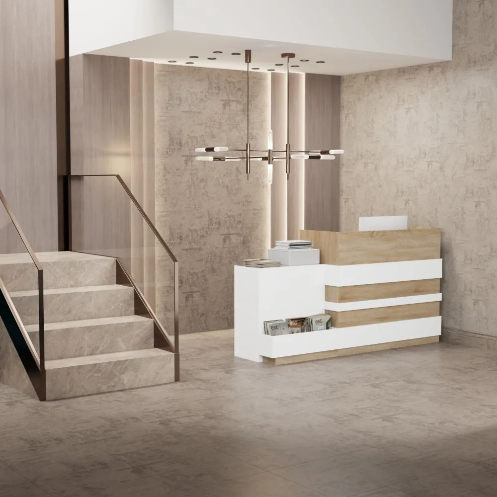 Banco reception con cassetto e armadietto, bancone reception con vassoio per tastiera, bancone per reception, bancone al dettaglio