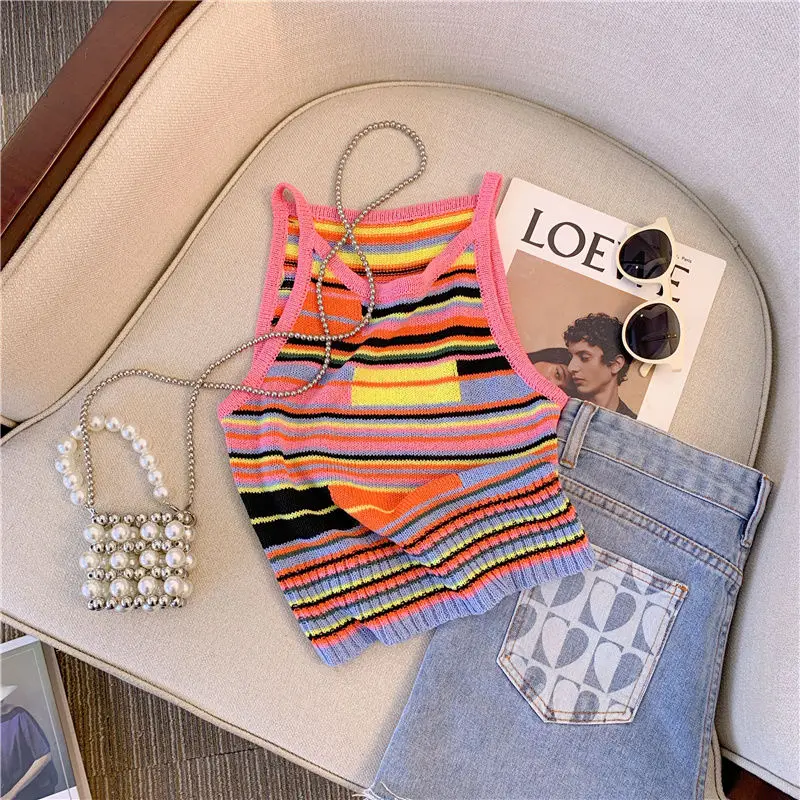 Rainbow Stripe Knit Camisole Small Tank Top Female Summer Hot Girl Sexy Chic Cropped Shirt Sleeveless Top