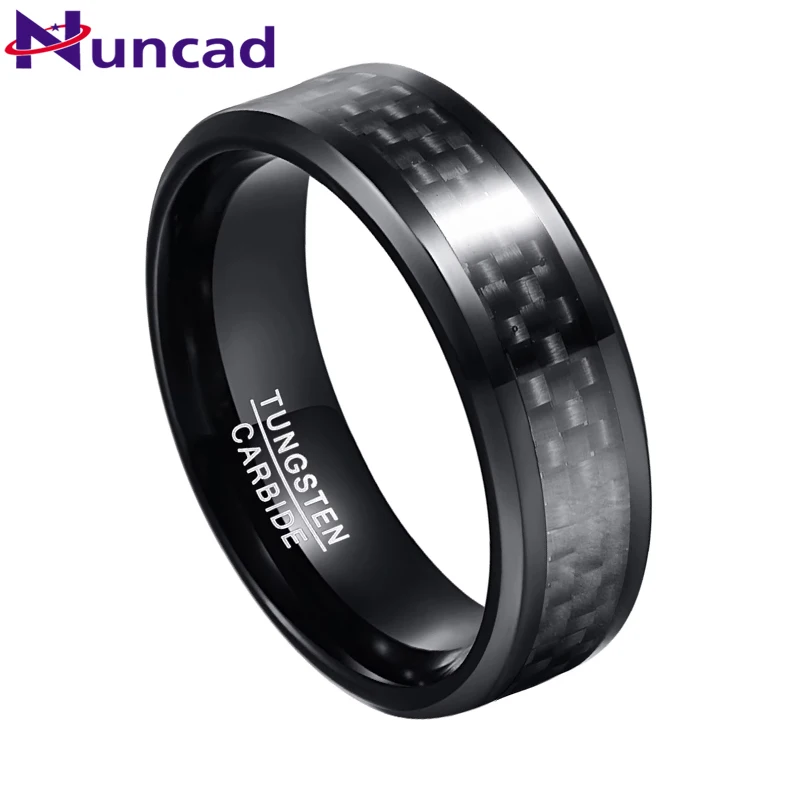 NUNCAD Anel de carboneto de tungstênio masculino de 8 mm de largura incrustado de fibra de carbono preta anel de aço de tungstênio preto de boa qualidade