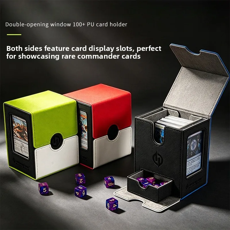 Double Window Magnetic TCG Deck Box PU Leather Storage Case With Dice Tray Large Capacity 3 Colors Optional Trading Card Game