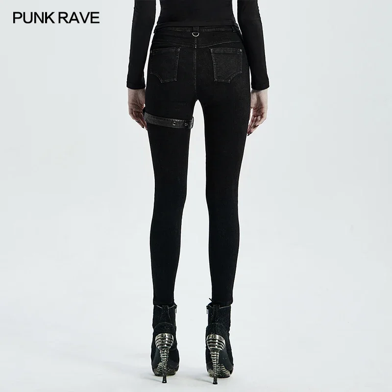 PUNK RAVE Women\'s Punk Knee Deconstructed Hollow Retro Street Denim Trousers Ghost Head Word Buckle Skinny Pants