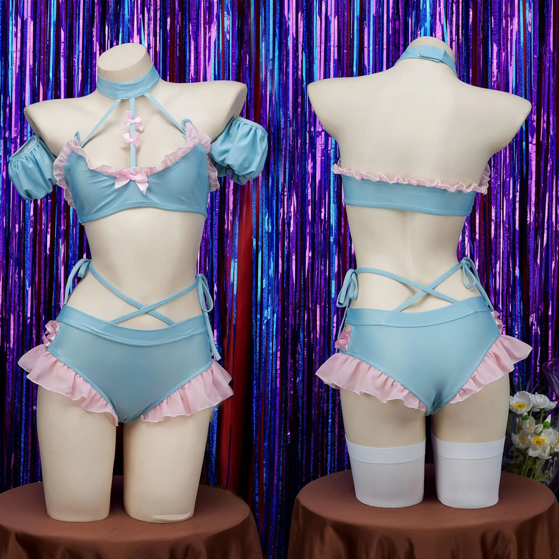 Bañador de Anime para mujer, ropa interior con volantes y Espalda descubierta, traje de baño Sexy para fiesta en la playa, color rosa y azul