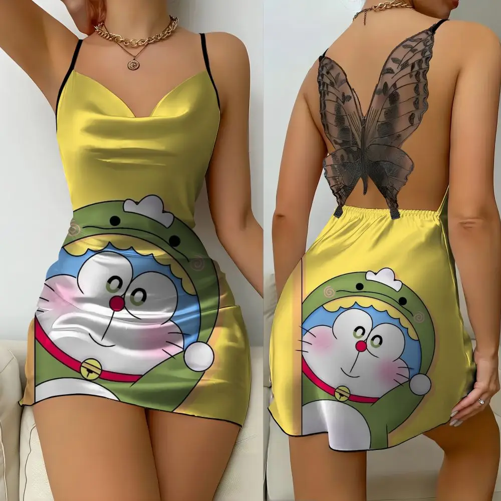 Buntes Stoff modisches Sommerkleid 2024 Doraemon bedruckte Schmetterlings dekoration Pyjama sexy Damen kleid rücken freies Kleid