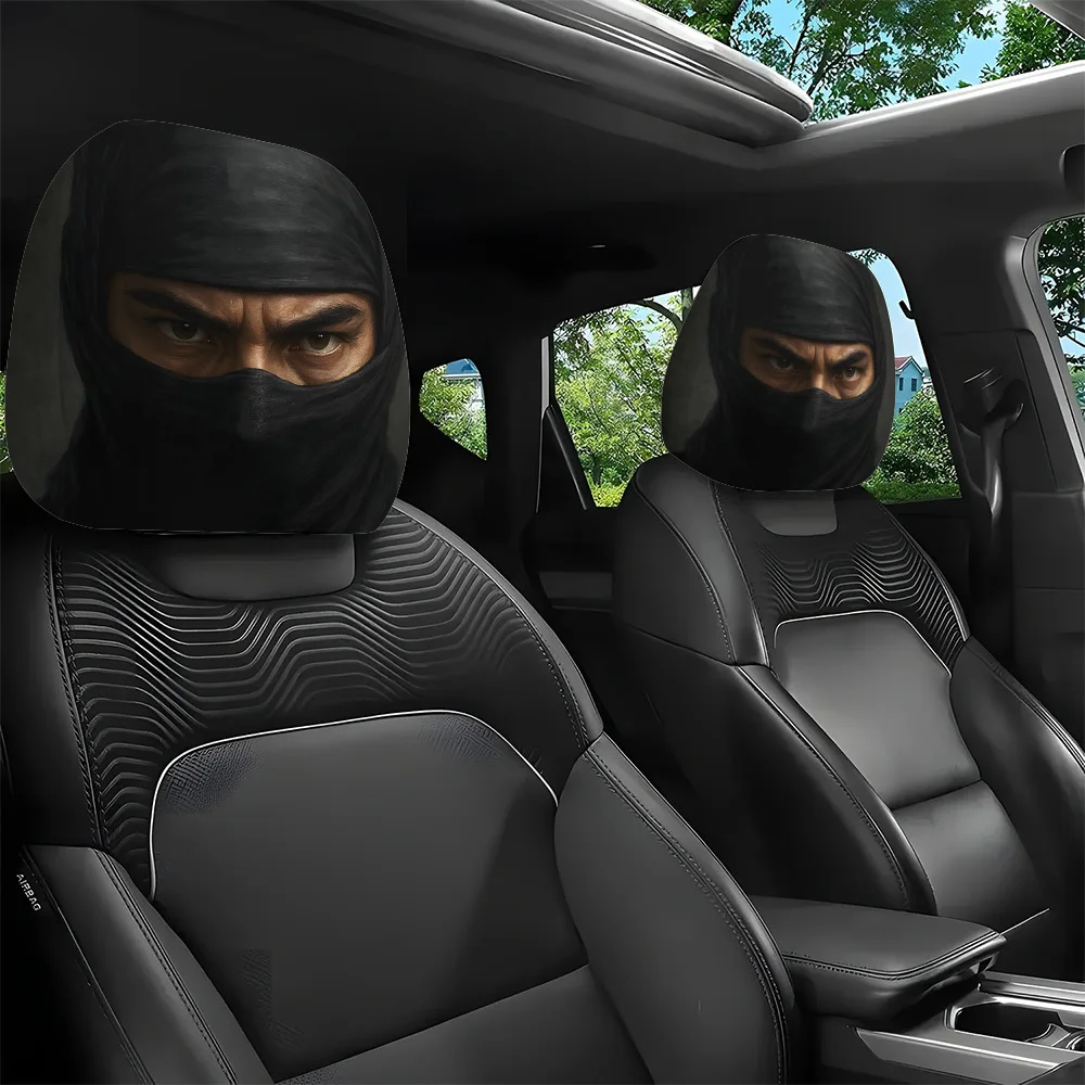 A set of 2 headrest covers featuring a mysterious ninja design, perfect for enhancing your car's interior. These unlined headrest covers are suitable for all vehicles and are perfect for long trips and road trips.