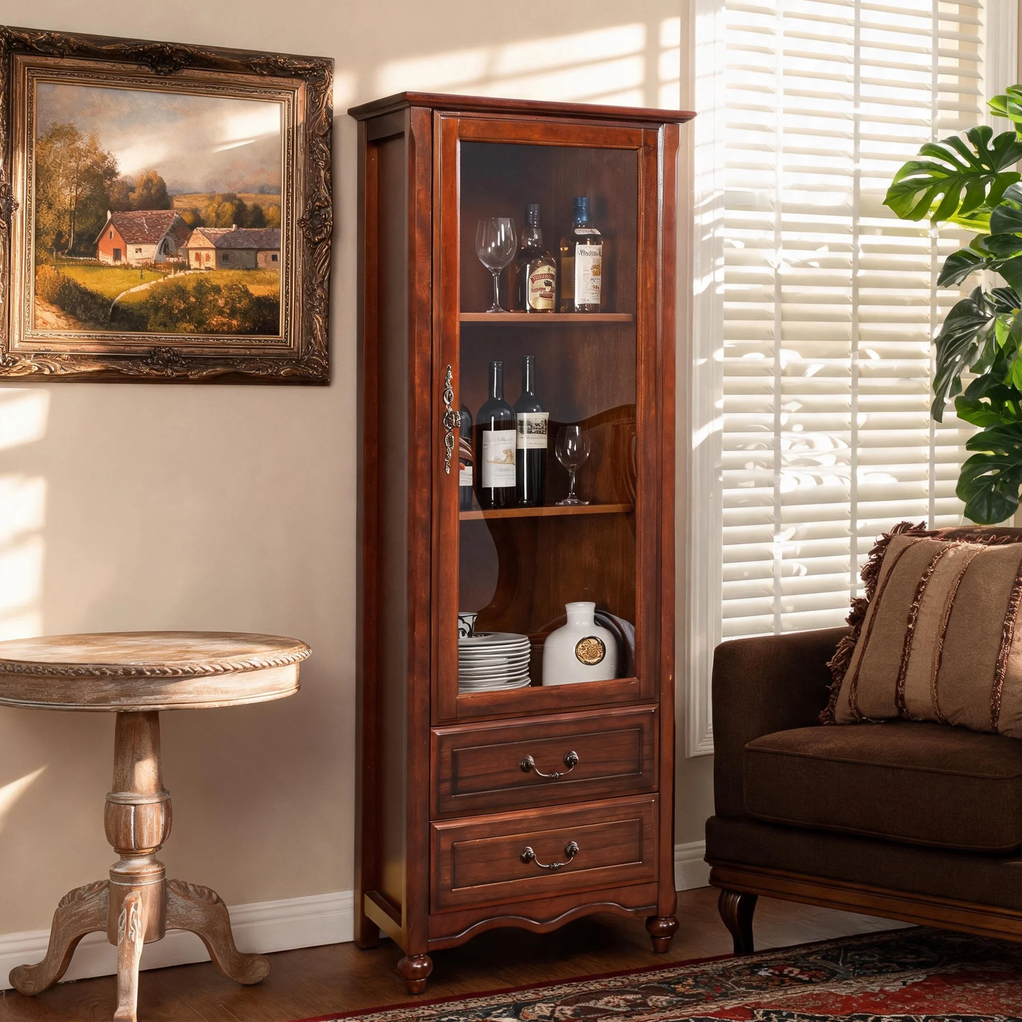 Rustic Farmhouse Glass Display Bar Hutch With Drawers, Tall Narrow Storage Unit, Solid Wood 1-Door Wine Cabinet For Living Room