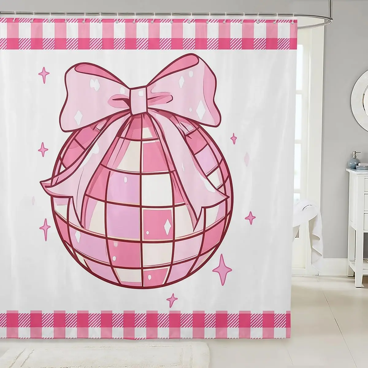 

Cute Cartoon Bow Knot Fabric Shower Curtain, Kawaii Cowboy Stars Printed Kids Girls Bath Curtain with Hooks, Pink White Grid