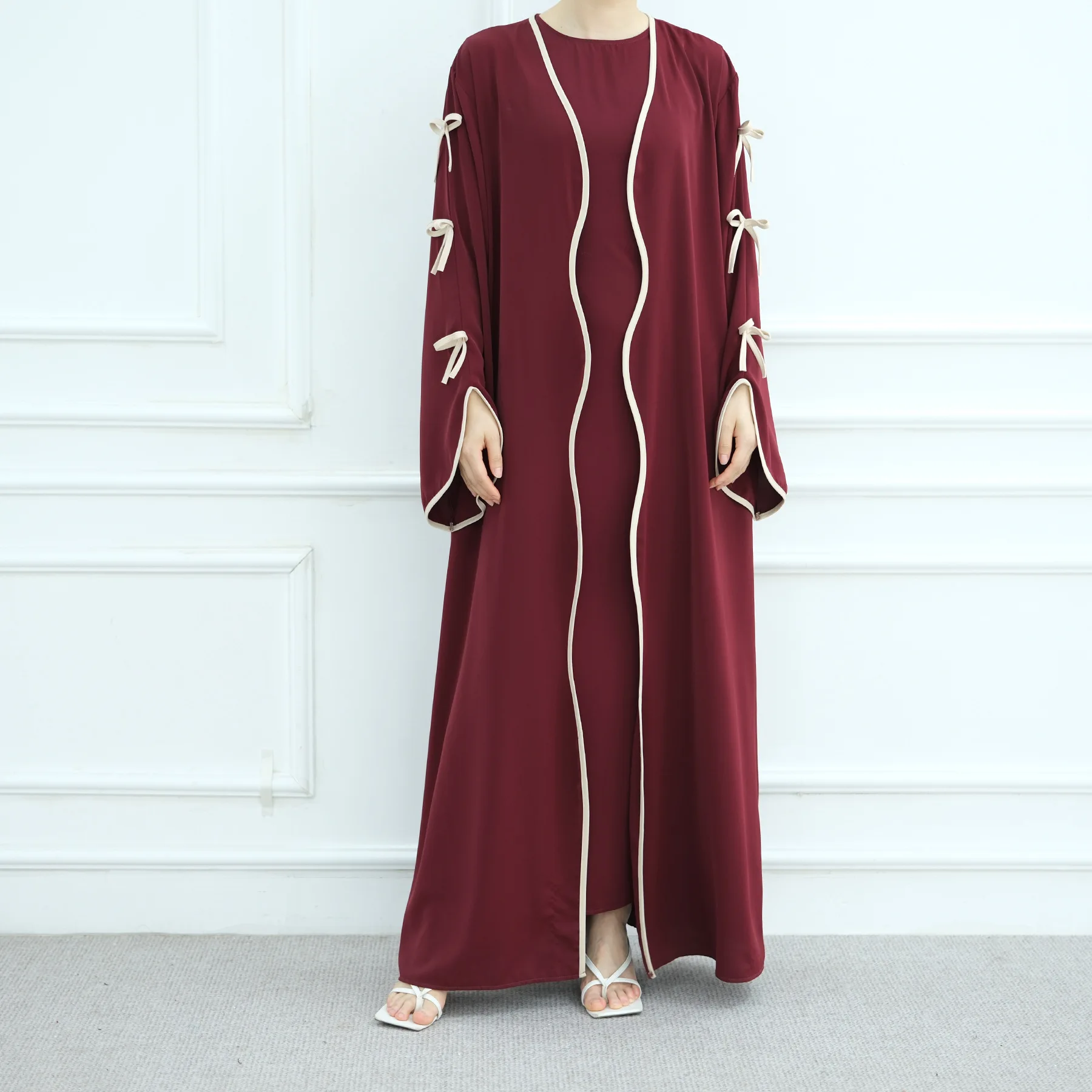 Moyen-Orient musulman nouvelle mode femmes couleur unie décontracté à la mode élégant 2 pièces ensembles Cardigans Abaya robe intérieure vêtements féminins