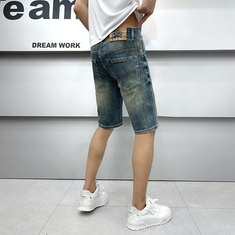 

Vintage old light blue denim shorts High-end trend fashion loose straight pants summer new men's ultra-thin pants five pants