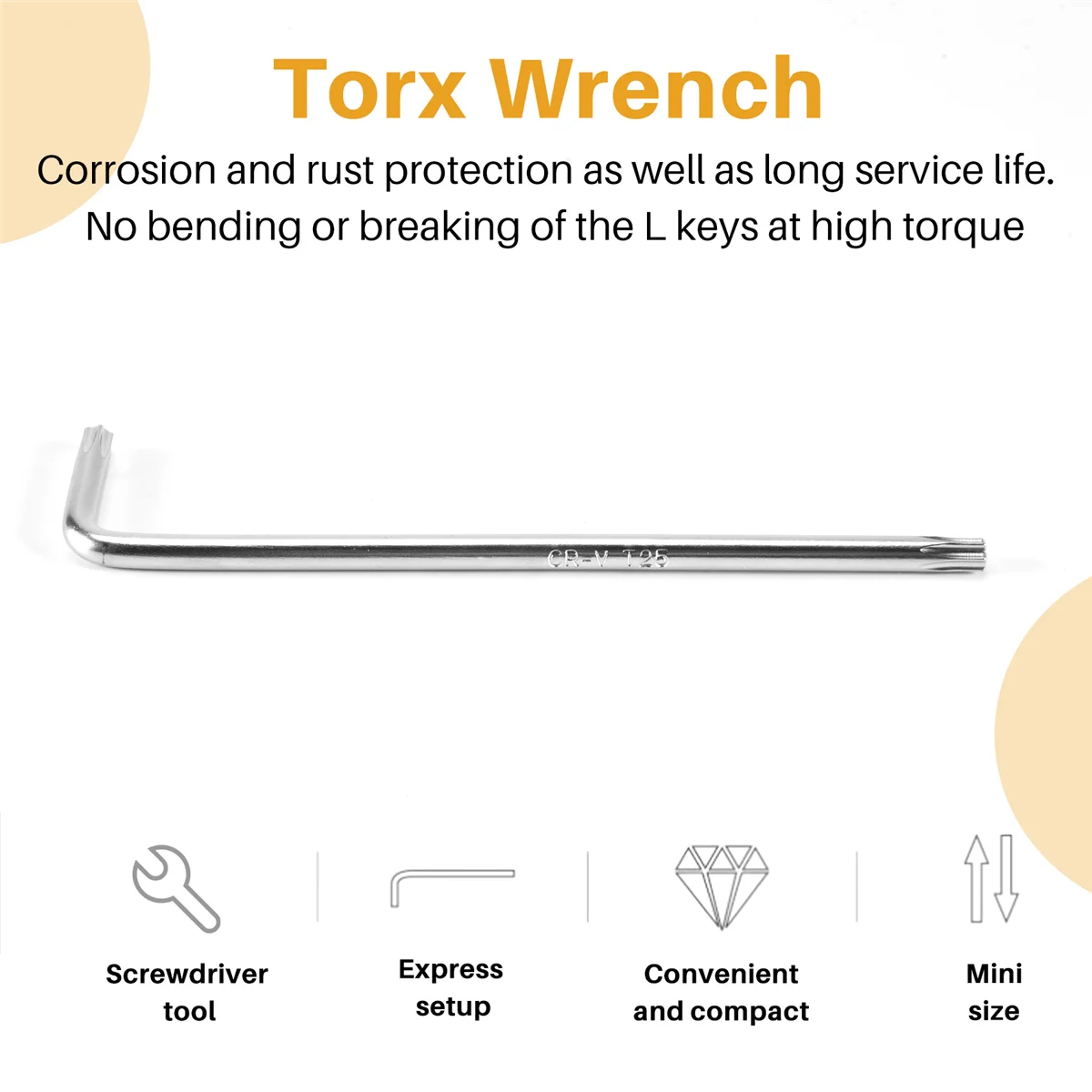 Long Arm Tamper Proof Torx Star Key Wrench Silver, T25 100mm