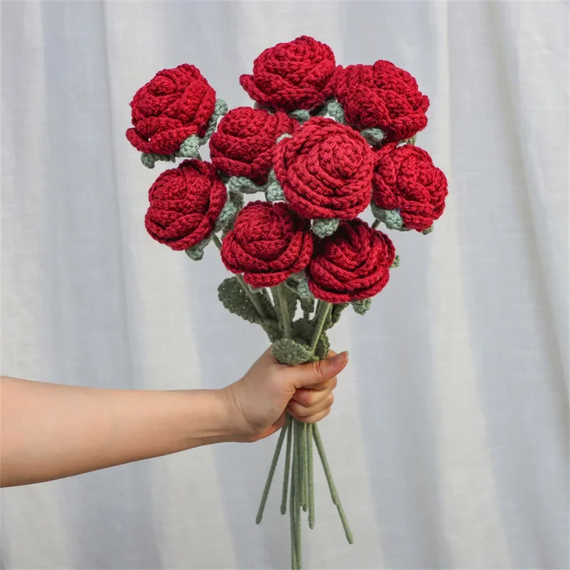 

1PC Modern Elegance Simulation Flower Home Decoration Dining Table Knitted Rose Single Bouquet Wedding Artificial Flower