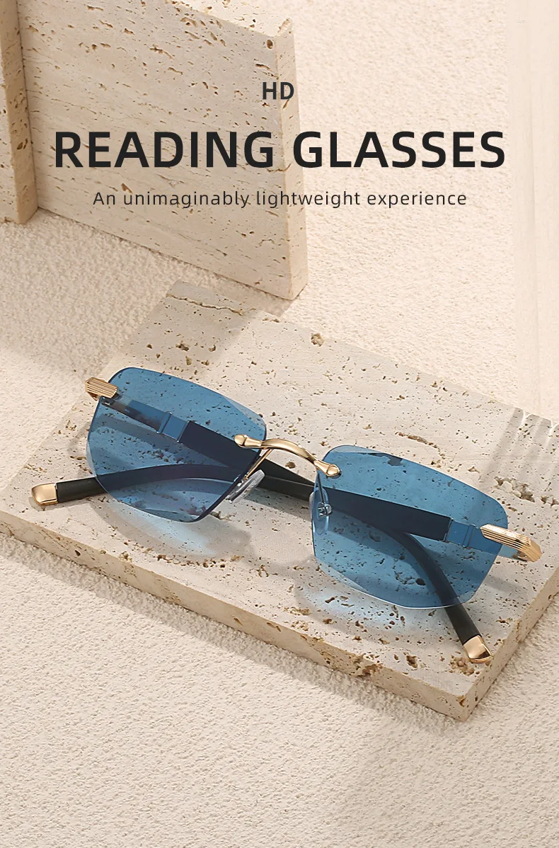 CRIXALIS Anti-Blaulicht-Lesesonnenbrille für Damen, modisch, rechteckig, rahmenlos, presbyopische Brille, Herren, optische Brillen, UV400 – Detail 1