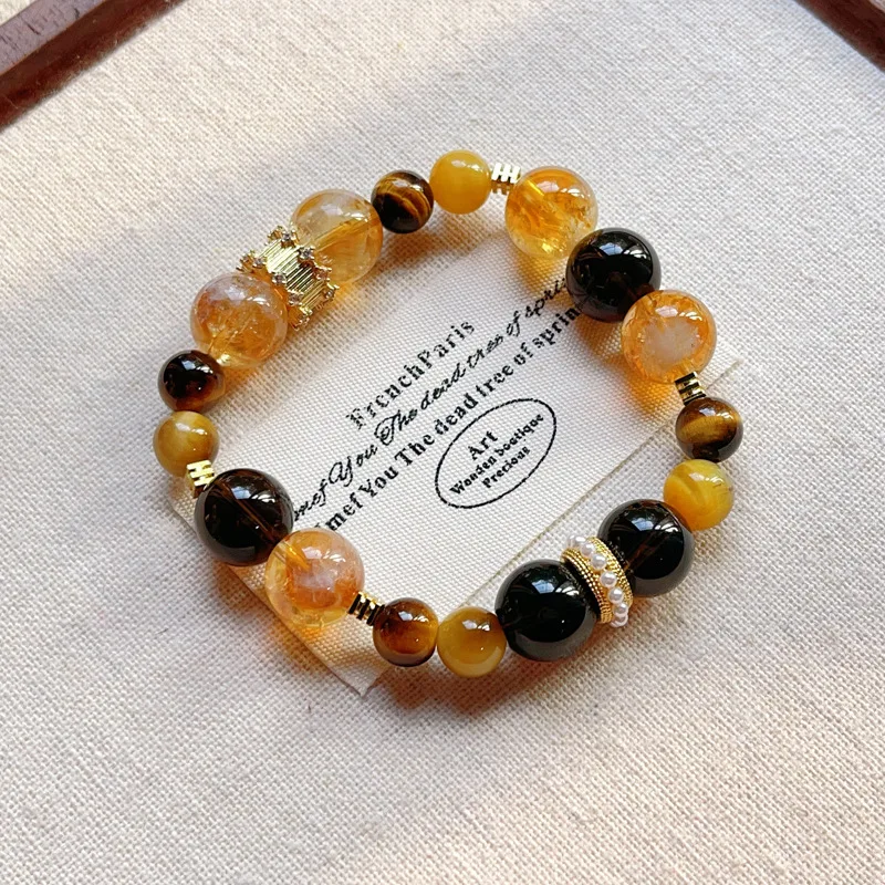 Natural Multi-Gemstone Cystal Beaded Bracelet with Tiger's Eye, Smoky Quartz, Citrine Energy Together to Enhance Magnetic Field