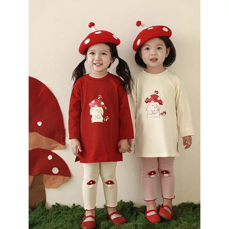 Girl's Mushroom Rabbit T-shirt 2024 Spring New Children's Cute Cartoon Long Sleeved Top