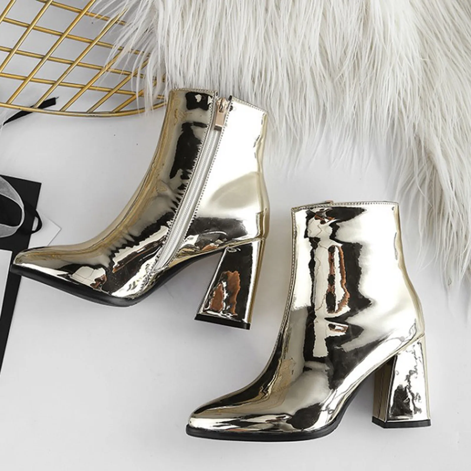 

Winter Women'S Short Boots With Mirrored High Heels Fashionable Party Wear Shiny Fashion Thick Heels Fashionable Evening Look