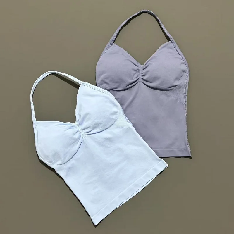 HISTELLO Df Dupe تأثير الخطوط الطويلة Strappy سترة يوجا امرأة عارية الذراعين تانك القمم الرياضة اللياقة البدنية حمالات الصدر الجري تجريب الصالة الرياضية الرسن