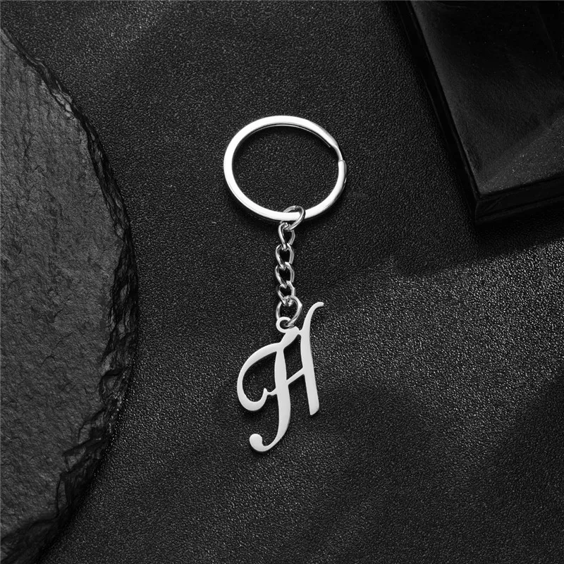 Initial 26 Letter Stainless Steel Metal Keychains for Couple Artistic Alphabet Bag Pendant Charms DIY Accessories Birthday Gift