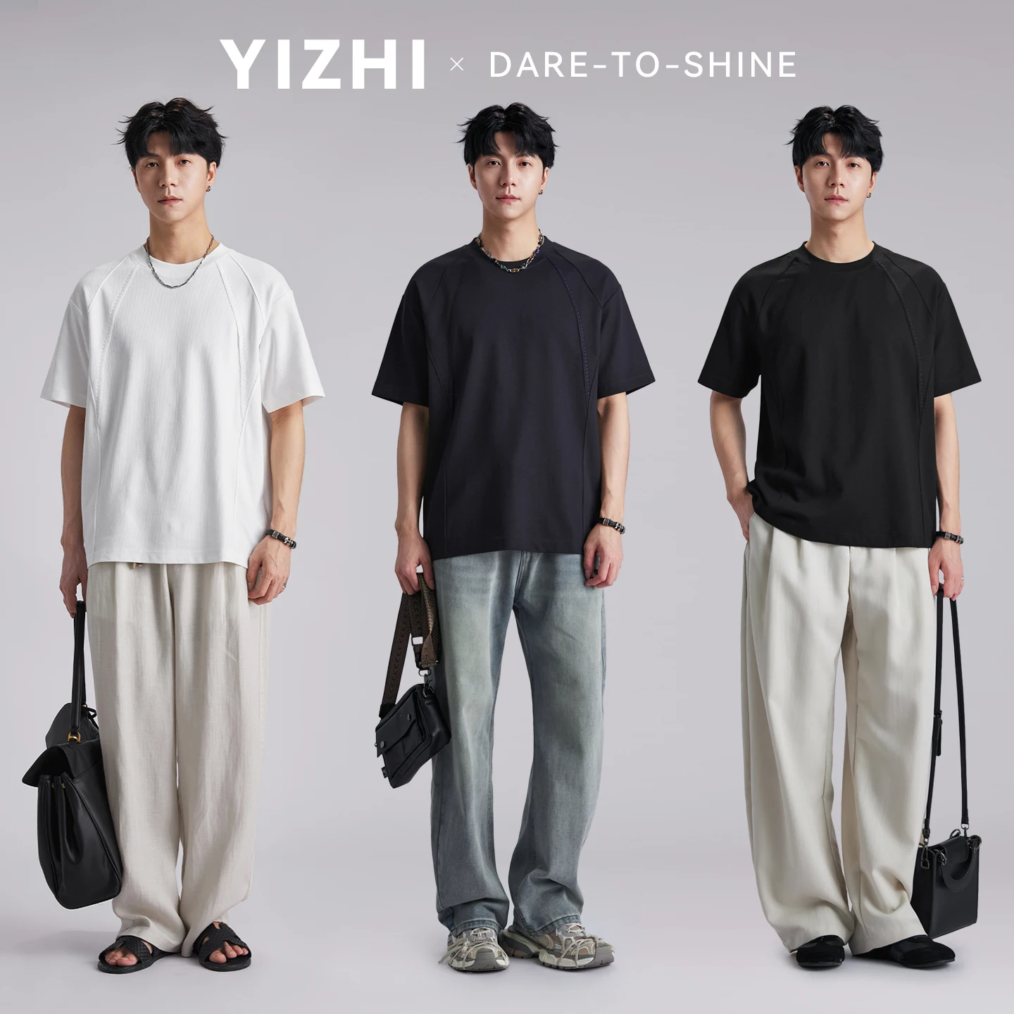 Fashion Men's 220g Heavyweight 3D Cutting Line T-shirt 2026 Summer Solid Color Loose Soft Casual