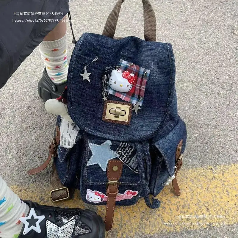 New Denim Hellokitty Y2k Backpack Girls Patchwork Plush Bone Cute Bag Large Capacity Collage Student Bookbag Women'S Backpack