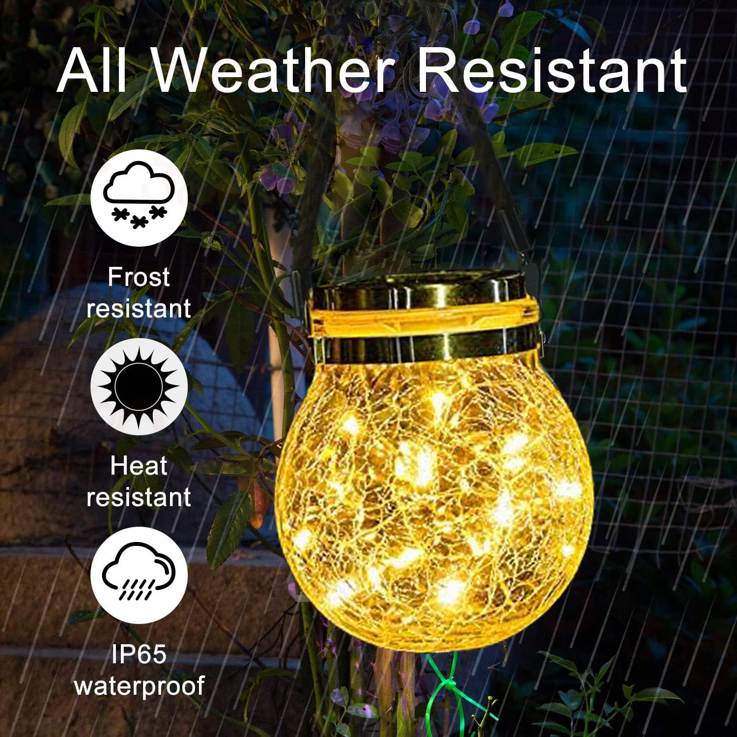 Linternas solares de vidrio agrietado para exteriores con cuentas LED, Interruptor de Sensor automático, luces solares decorativas para camino de valla de patio trasero, 2 paquetes