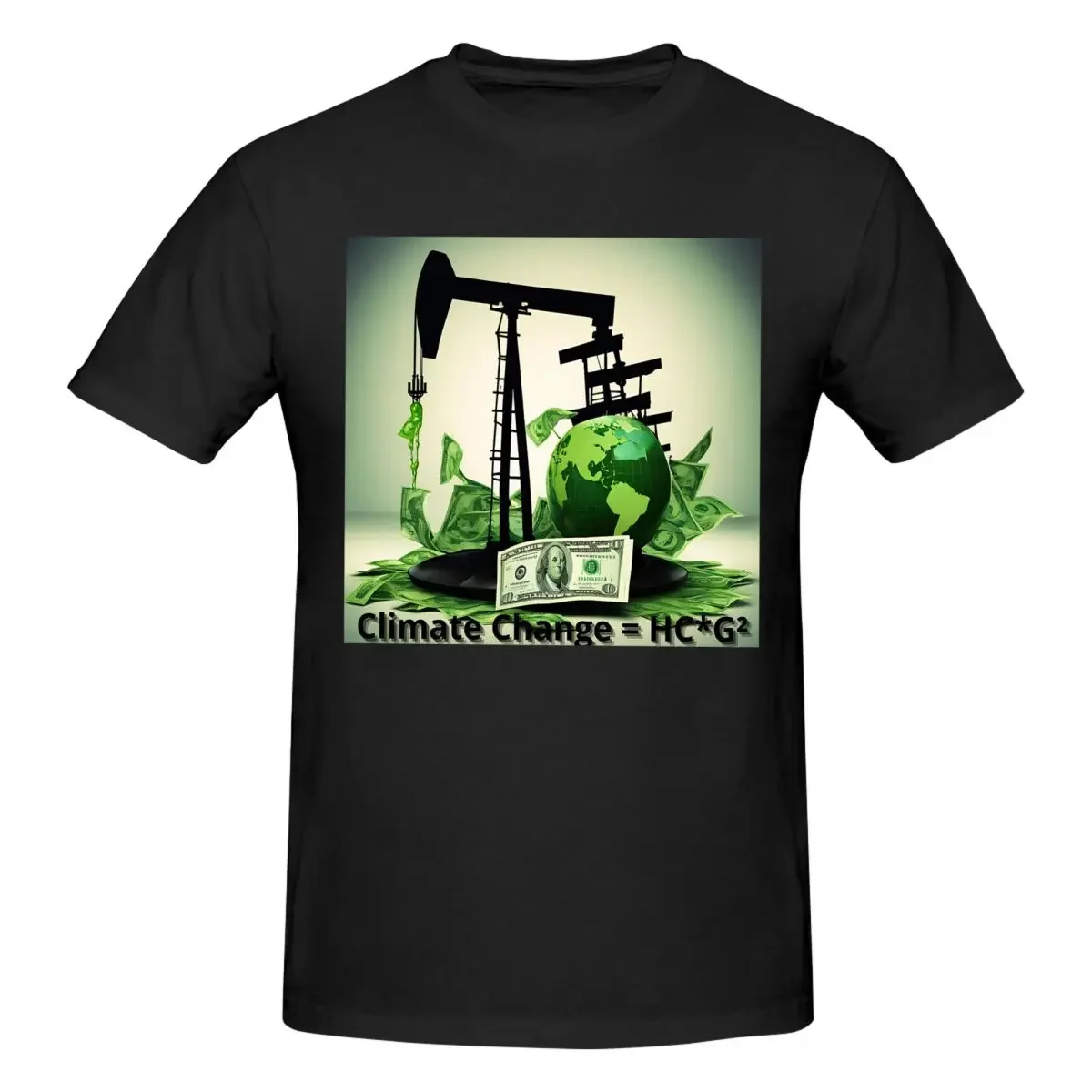 Climate Change Impact Pumpjack, Dollar Bills, Earth's Wealth Men T-Shirt T Shirts Men's Crew Neck Cotton Tees Short Summer Male