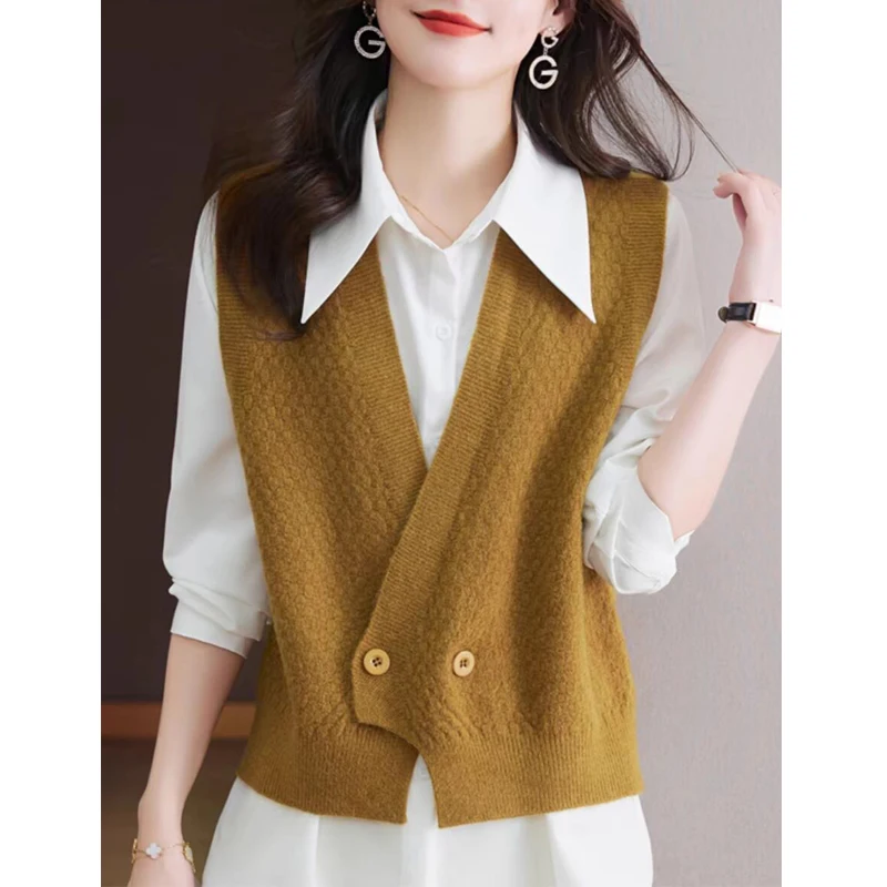 Women Korean Fashion Button Sleeveless Knitted Cardigan Simple Casual V Neck Irregular Sweater Vest Female Solid Loose Waistcoat