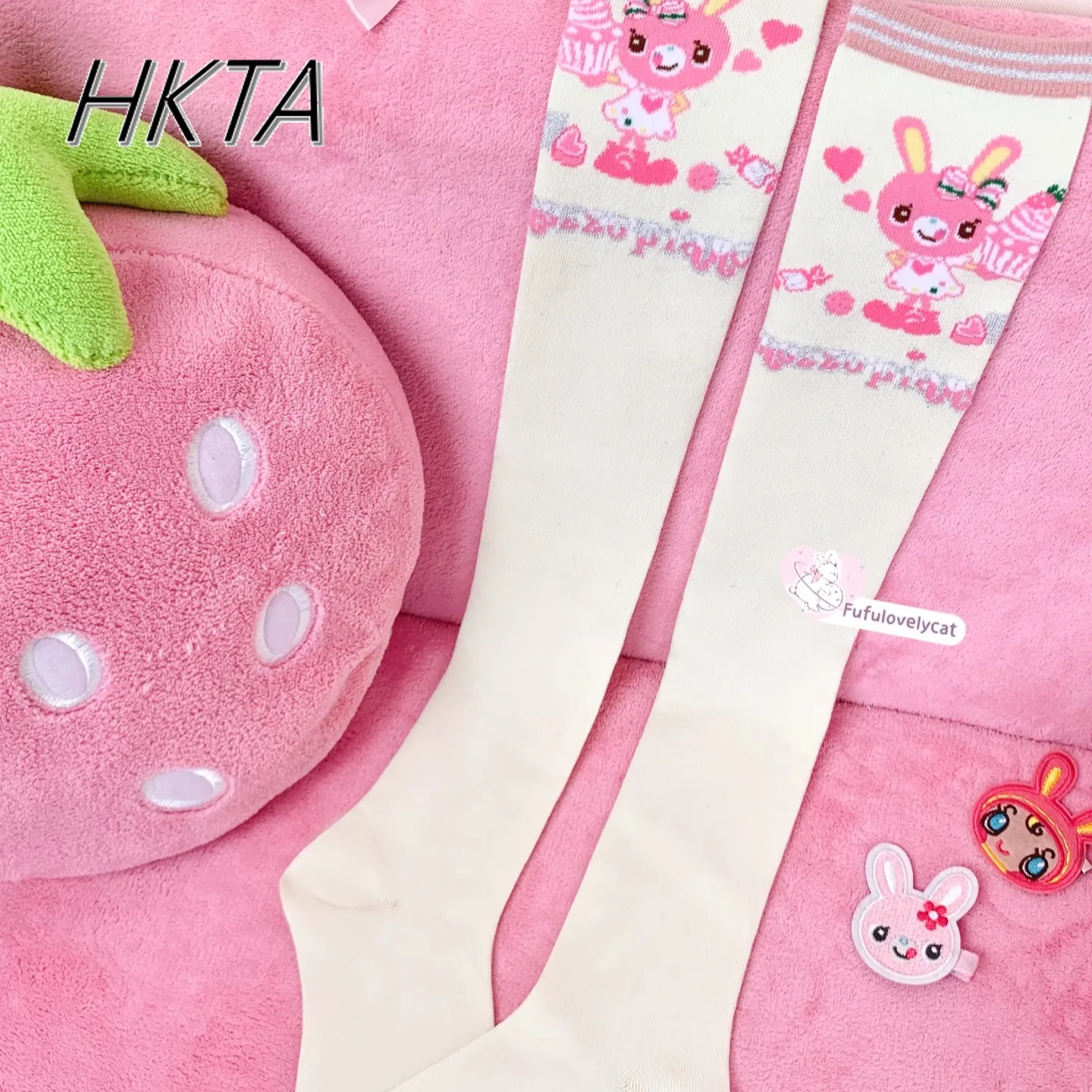 

Японские милые розовые и белые длинные гольфы, женские средневековые мягкие гольфы Kawaii с милым мультяшным кроликом, универсальные вязаные носки для девочек