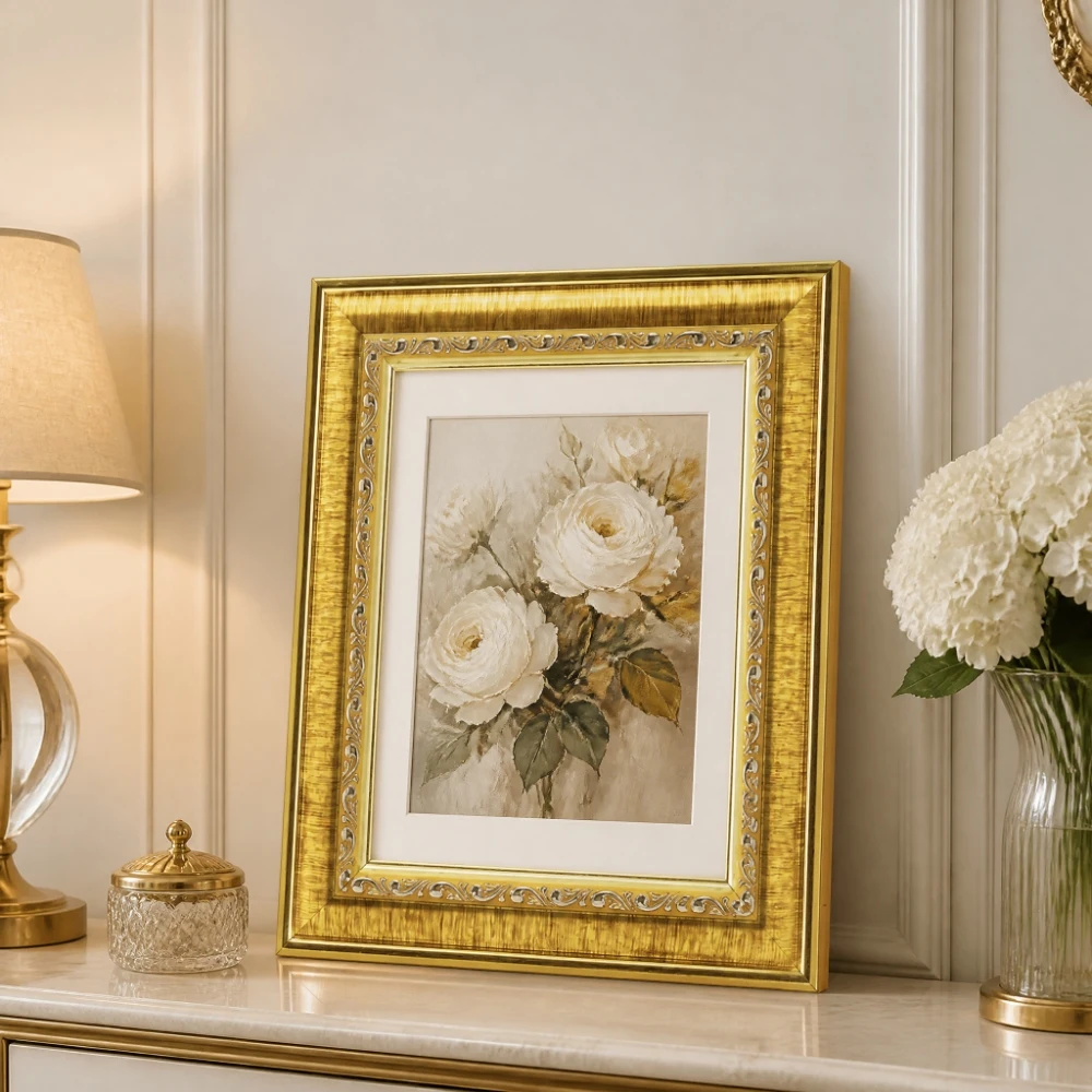 2 Pack Wide Edge Ornate Golden Picture Frame Antique Embossed Gold Photo Frame with Mat Wall Table Mount European Home Art Decor