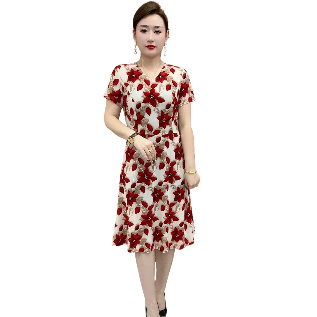 Middle Aged Mother Printed Dress With Fashionable V-neck Design Plus Size Clothing 2025 Casual Daily Loose Short Sleeved Dress