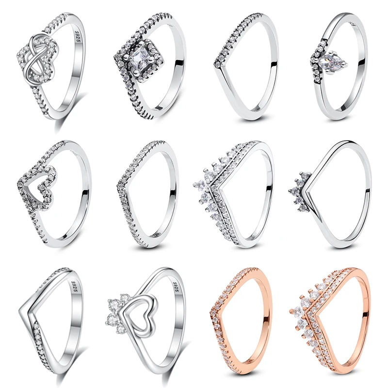 Original 925 Sterling Silver Rings For Women Love Heart Wishbone Rose Gold Engagement Wedding Stackable Ring Jewelry Gift