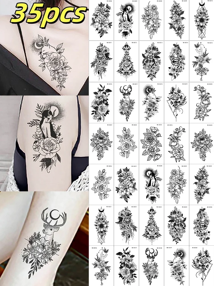 35pcs Realistic Peony Rose Temporary Tattoo Deer Crescent Floral Body Art Waterproof Stickers Lasting Arm Leg Hand Neck Tattoos*