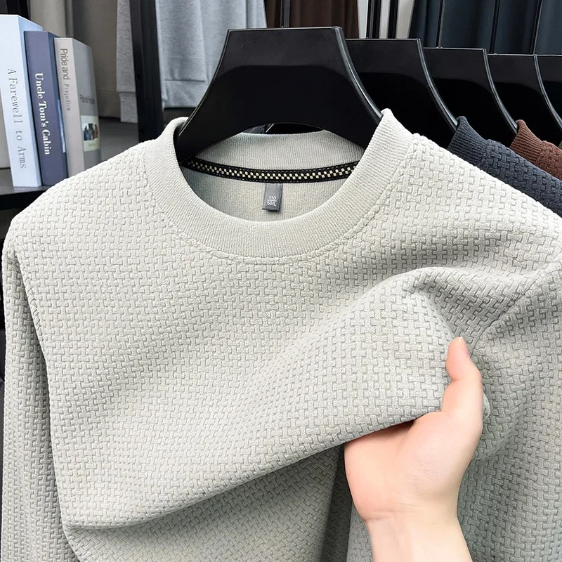 Autumn Mens Textured Waffle Knit Top Crew Neck Long Sleeve Pullover Breathable Fabric Casual Apparel