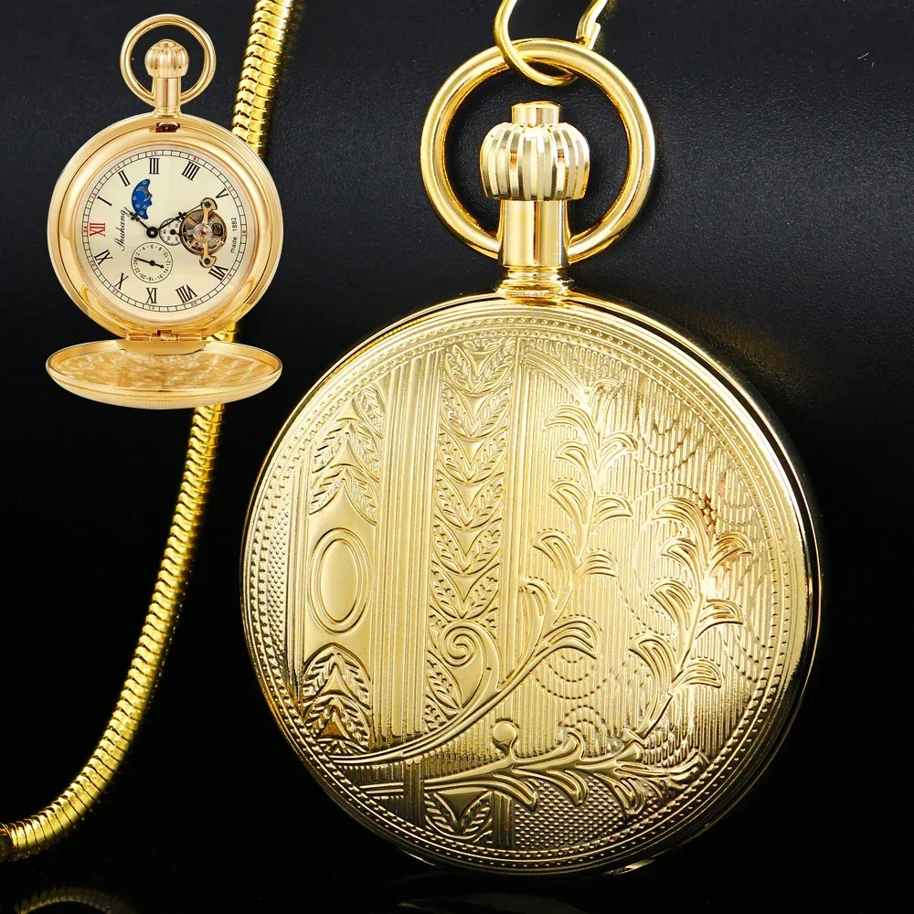 Golden Copper Mechanical Self-Wind Men's Pocket Watch Antique Gift Moon phase Roman Numerals Dial Fob Chain Pendant Timepiece