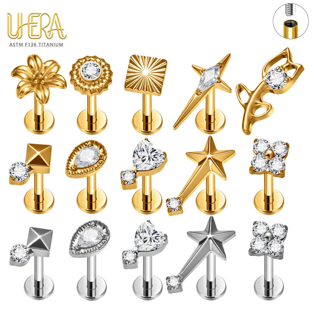 ASTM F136 G23 Titan-Labret-Stud mit Innengewinde 16G CZ Stern Blume Herz Ohrknorpel Helix Tragus Piercing Körperschmuck