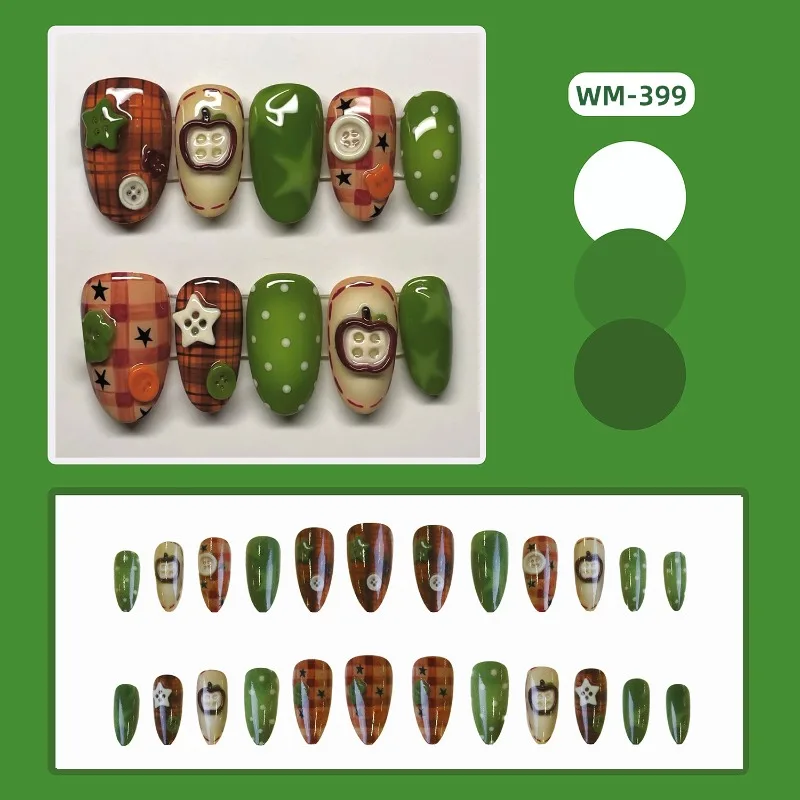 24PCS Vintage Brown Plaid Almond Wearable False Nail Green Apple Star Fake Nails Retro Polka Dots Buttons Pattern Nails Press On