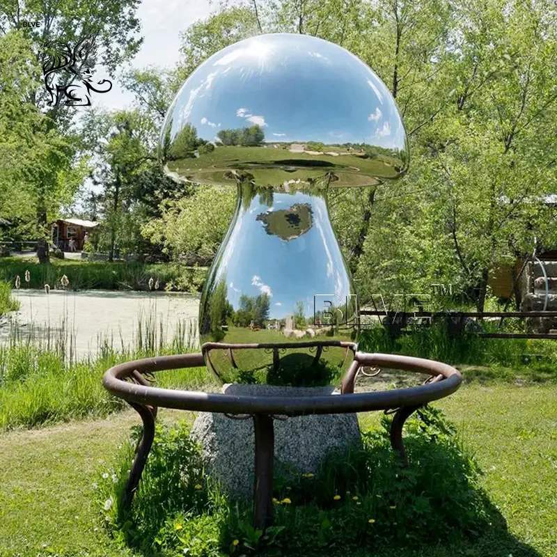 BLVE Outdoor Garden Decoration Large Metal Plants Statue Mirror Polished Stainless Steel Mushroom Sculpture