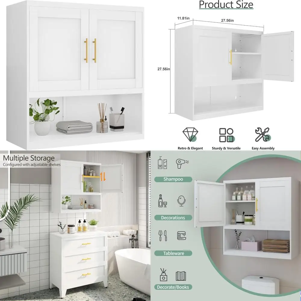 

White Wall-Mounted Bathroom Cabinet, 27.5 Height, Adjustable Shelf, Medium Size Over Toilet Storage