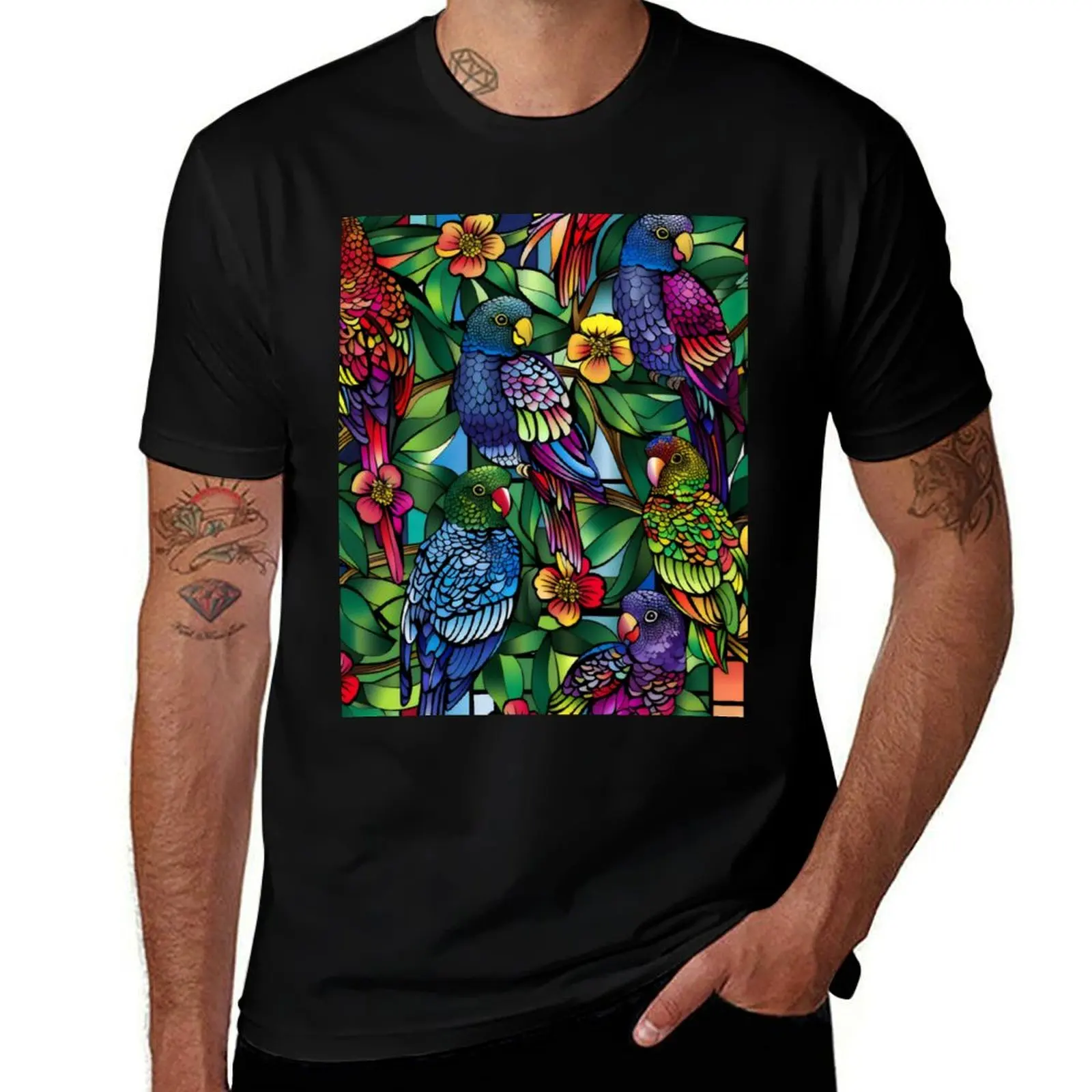 

A colourful stain glass of rosellas and flowers T-Shirt anime t shirts for man T-Shirt
